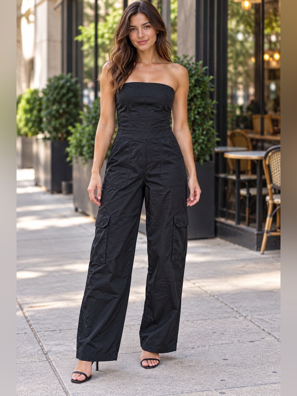 Zara Black Strapless Cargo Wide Leg Jumpsuit Size XS